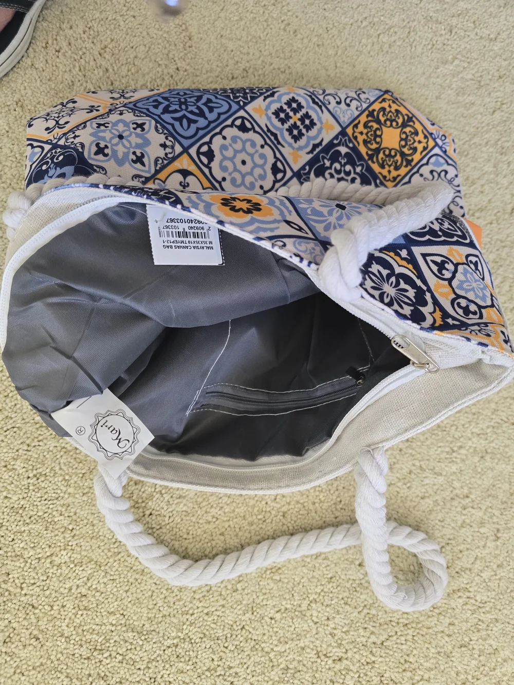 Beautiful Tile-Print Canvas Tote with Rope Handles in Blue & Yellow